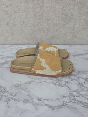 Naked Feet Women's Tan & Cream Cowhide Slide Sandals Leather Soles